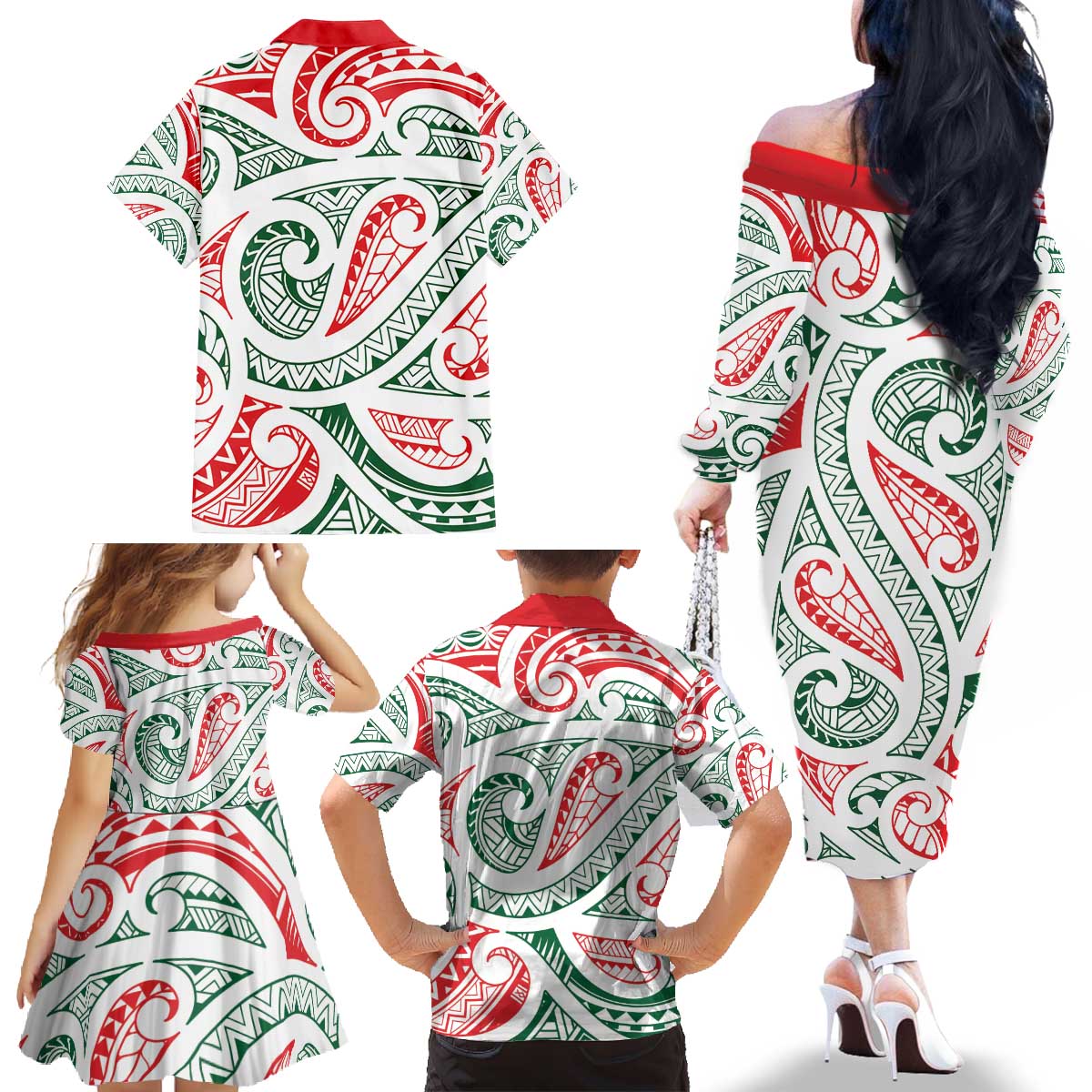 New Zealand Kowhaiwhai Christmas Family Matching Off The Shoulder Long Sleeve Dress and Hawaiian Shirt Traditional Maori Koru Pattern - Polynesian Pride