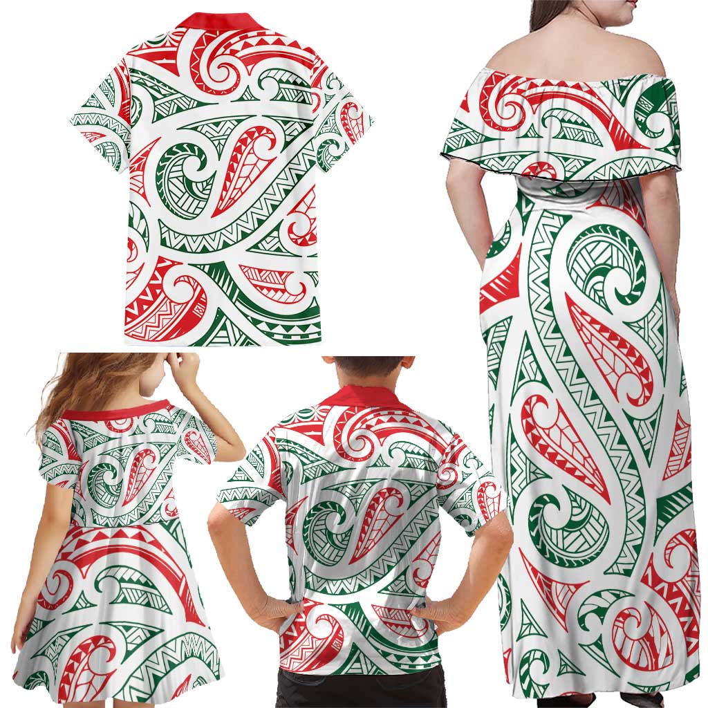 New Zealand Kowhaiwhai Christmas Family Matching Off Shoulder Maxi Dress and Hawaiian Shirt Traditional Maori Koru Pattern - Polynesian Pride