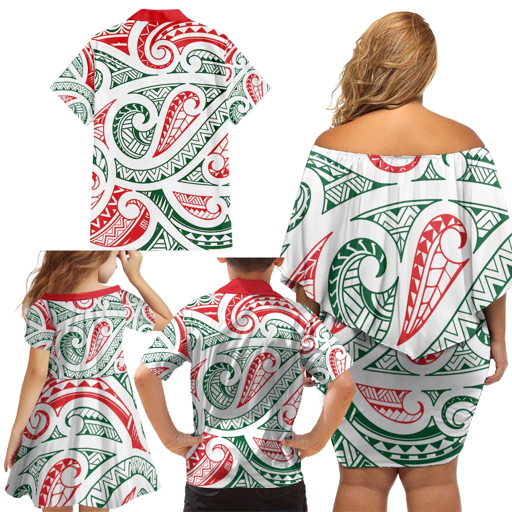New Zealand Kowhaiwhai Christmas Family Matching Off Shoulder Short Dress and Hawaiian Shirt Traditional Maori Koru Pattern - Polynesian Pride