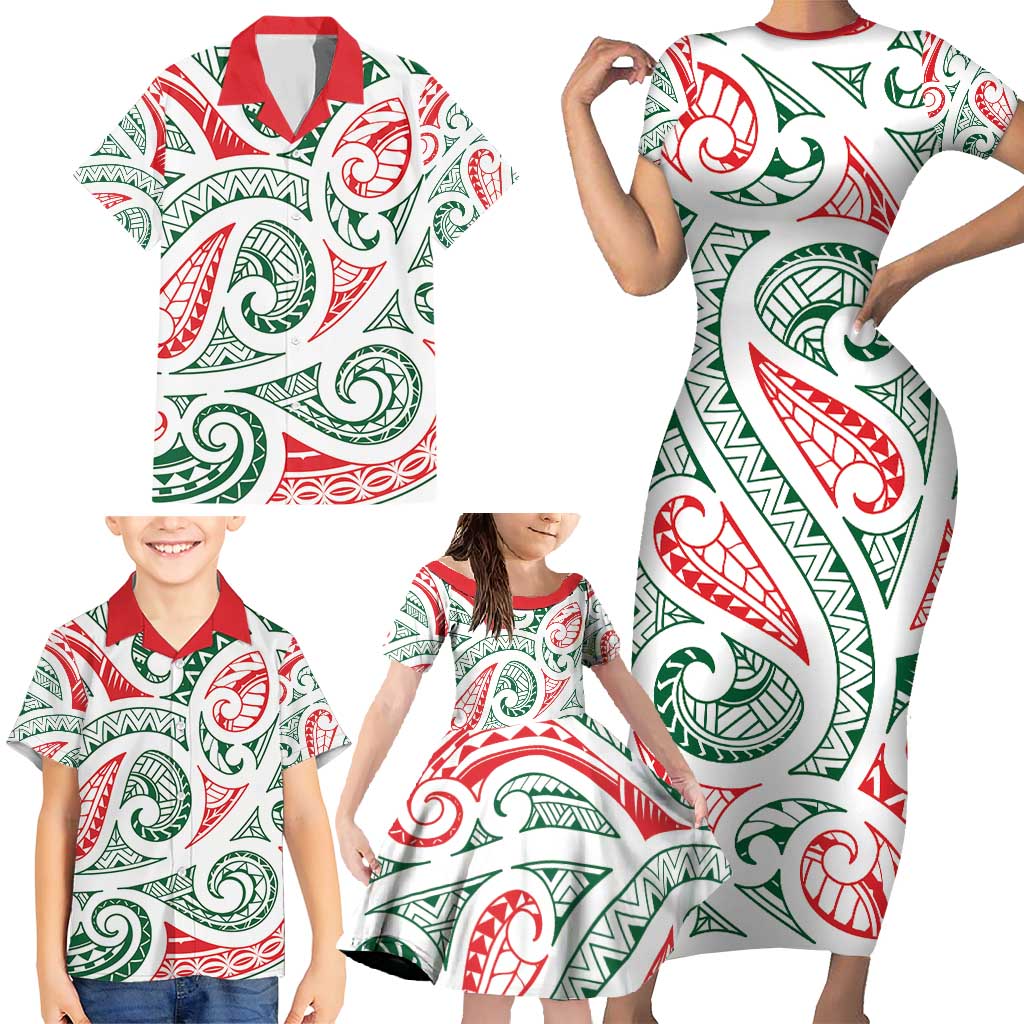 New Zealand Kowhaiwhai Christmas Family Matching Short Sleeve Bodycon Dress and Hawaiian Shirt Traditional Maori Koru Pattern - Polynesian Pride