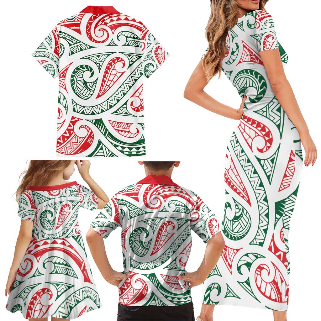 New Zealand Kowhaiwhai Christmas Family Matching Short Sleeve Bodycon Dress and Hawaiian Shirt Traditional Maori Koru Pattern - Polynesian Pride