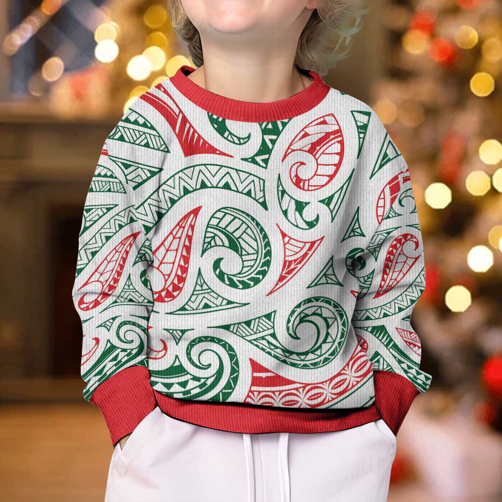 New Zealand Kowhaiwhai Christmas Kid Ugly Christmas Sweater Traditional Maori Koru Pattern - Polynesian Pride