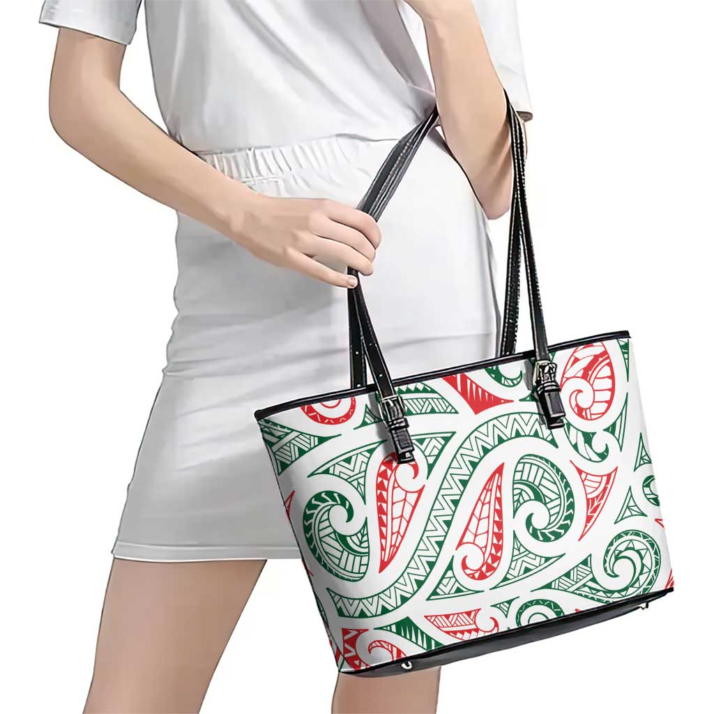 New Zealand Kowhaiwhai Christmas Leather Tote Bag Traditional Maori Koru Pattern - Polynesian Pride