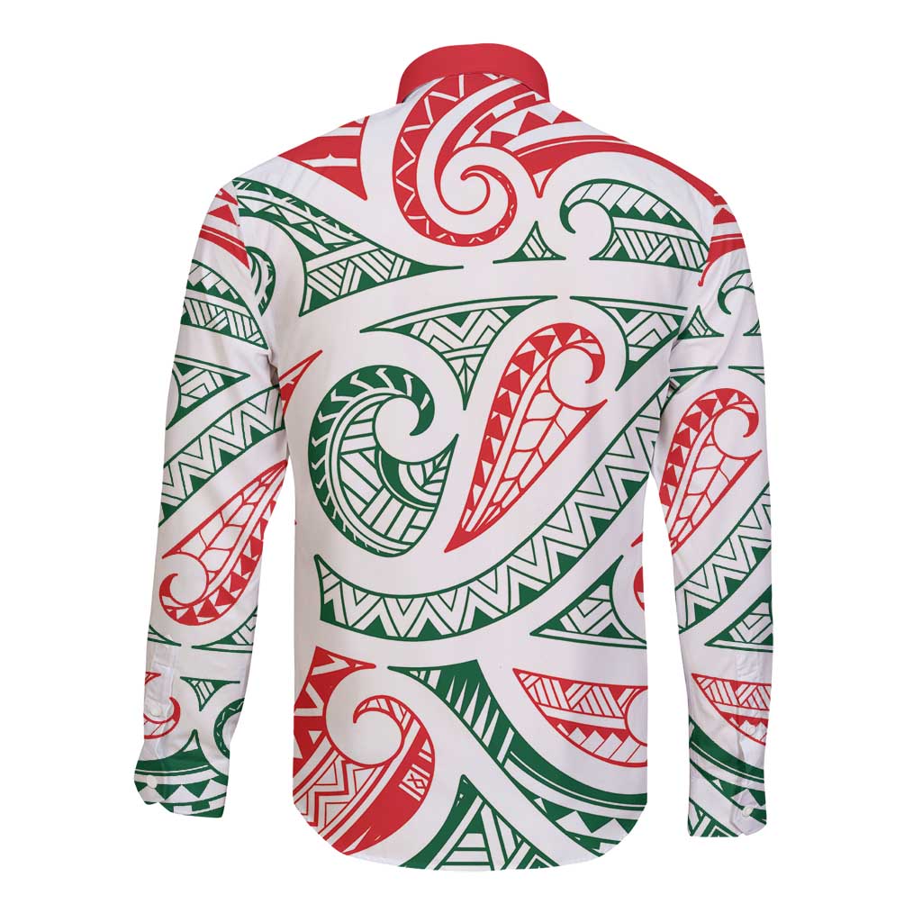 New Zealand Kowhaiwhai Christmas Long Sleeve Button Shirt Traditional Maori Koru Pattern - Polynesian Pride
