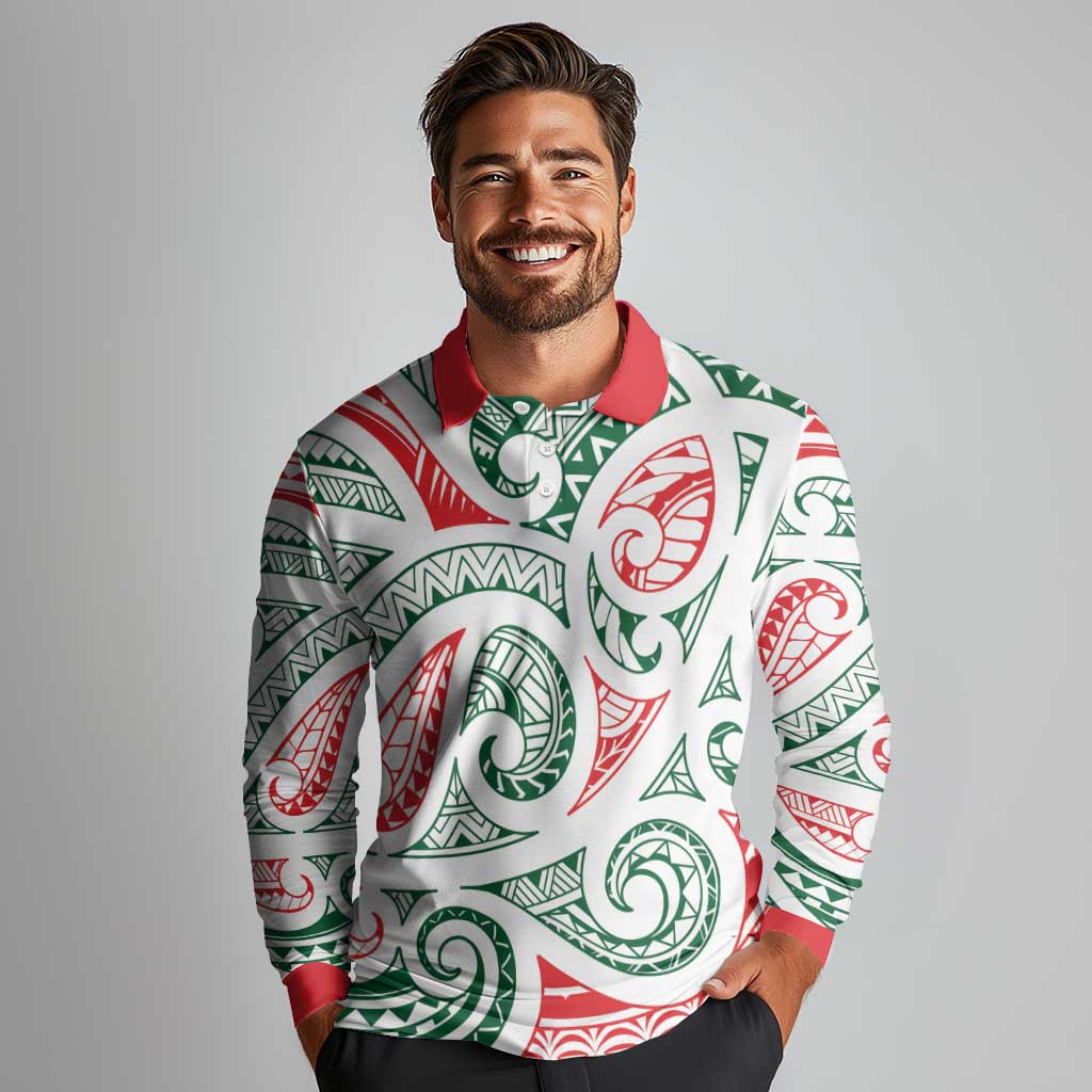 New Zealand Kowhaiwhai Christmas Long Sleeve Polo Shirt Traditional Maori Koru Pattern - Polynesian Pride