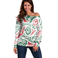 New Zealand Kowhaiwhai Christmas Off Shoulder Sweater Traditional Maori Koru Pattern - Polynesian Pride