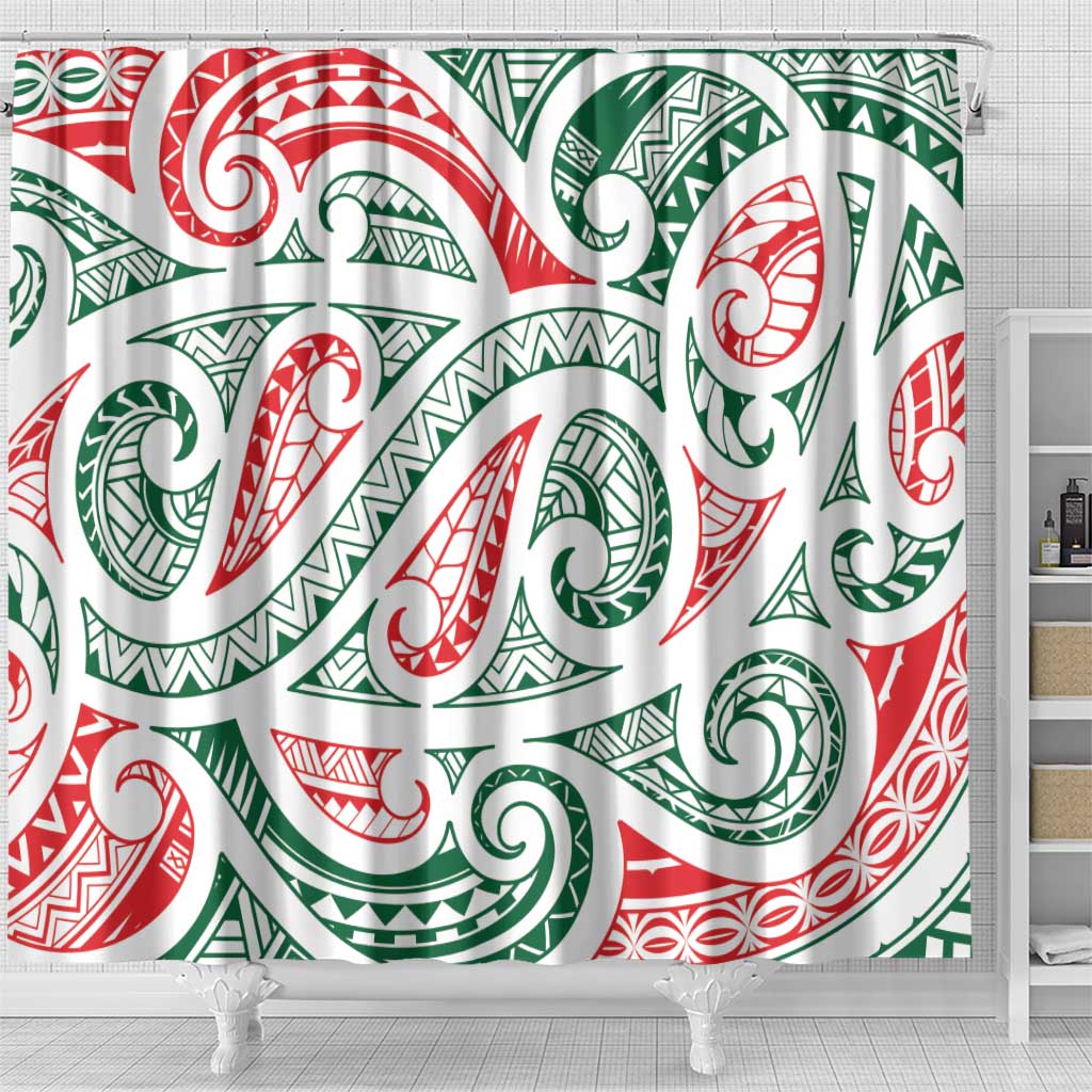 New Zealand Kowhaiwhai Christmas Shower Curtain Traditional Maori Koru Pattern - Polynesian Pride