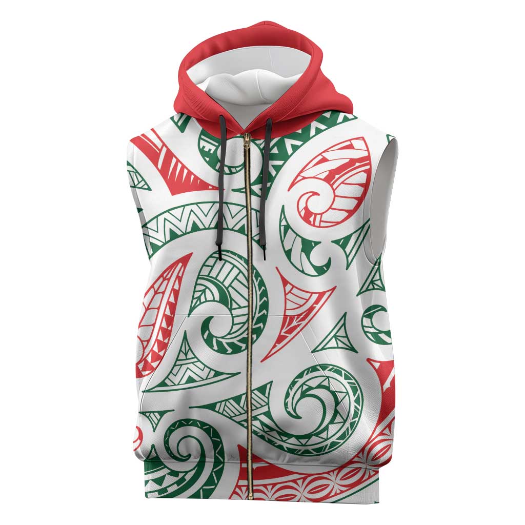 New Zealand Kowhaiwhai Christmas Sleeveless Zip Hoodie Traditional Maori Koru Pattern - Polynesian Pride