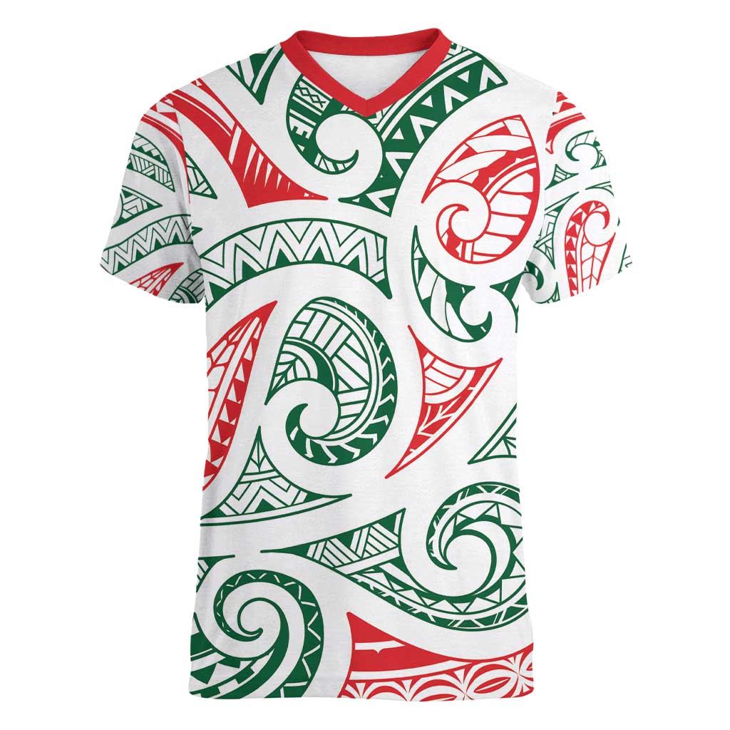 New Zealand Kowhaiwhai Christmas Women V-Neck T-Shirt Traditional Maori Koru Pattern - Polynesian Pride