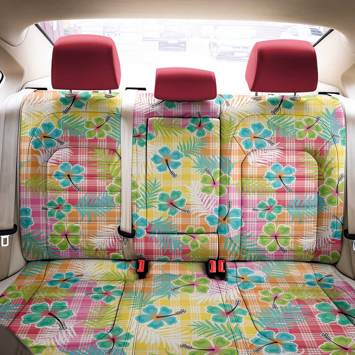 Hawaiian Palaka Back Car Seat Cover Hibiscus Palm Leaf Pattern - Polynesian Pride
