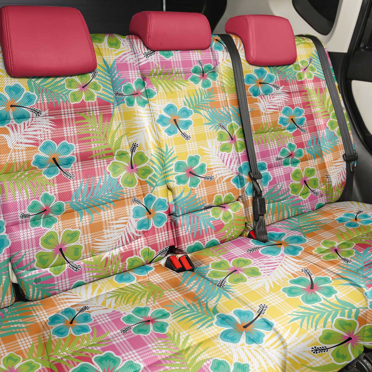 Hawaiian Palaka Back Car Seat Cover Hibiscus Palm Leaf Pattern - Polynesian Pride