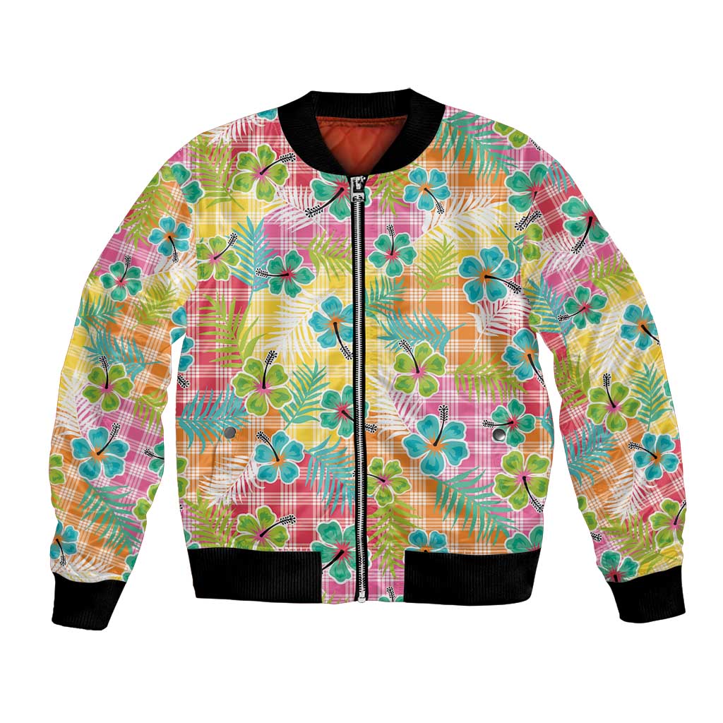 Hawaiian Palaka Bomber Jacket Hibiscus Palm Leaf Pattern - Polynesian Pride