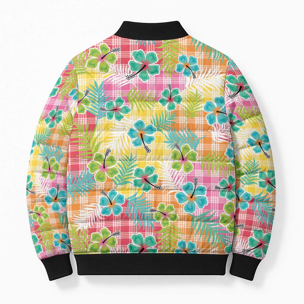 Hawaiian Palaka Bomber Puffer Jacket Hibiscus Palm Leaf Pattern - Polynesian Pride