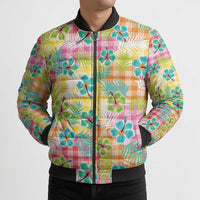 Hawaiian Palaka Bomber Puffer Jacket Hibiscus Palm Leaf Pattern - Polynesian Pride