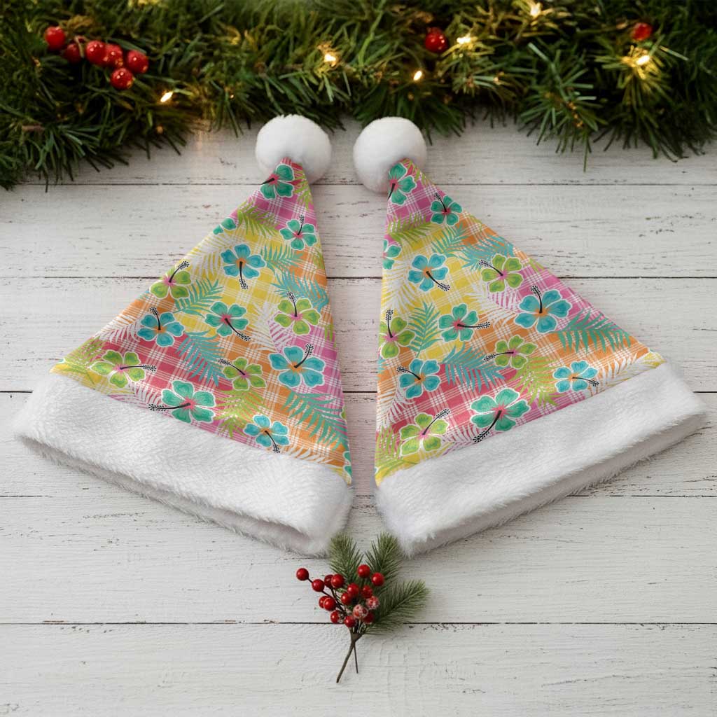 Hawaiian Palaka Christmas Santa Hat Hibiscus Palm Leaf Pattern - Polynesian Pride