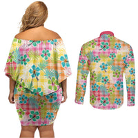 Hawaiian Palaka Couples Matching Off Shoulder Short Dress and Long Sleeve Button Shirt Hibiscus Palm Leaf Pattern - Polynesian Pride
