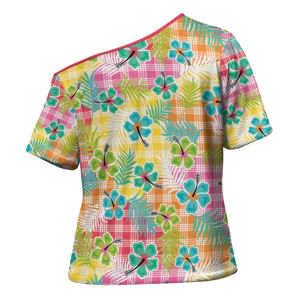 Hawaiian Palaka Cross Shoulder Shirt Hibiscus Palm Leaf Pattern - Polynesian Pride