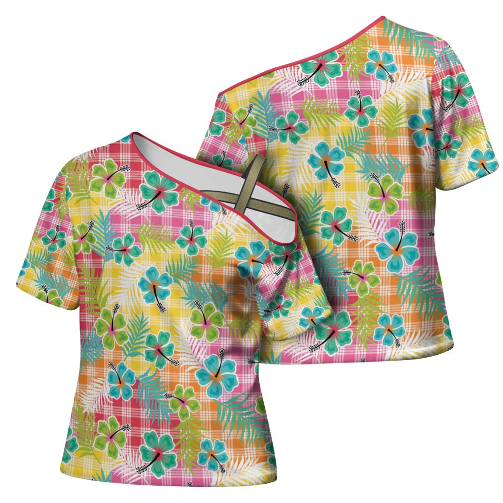 Hawaiian Palaka Cross Shoulder Shirt Hibiscus Palm Leaf Pattern - Polynesian Pride
