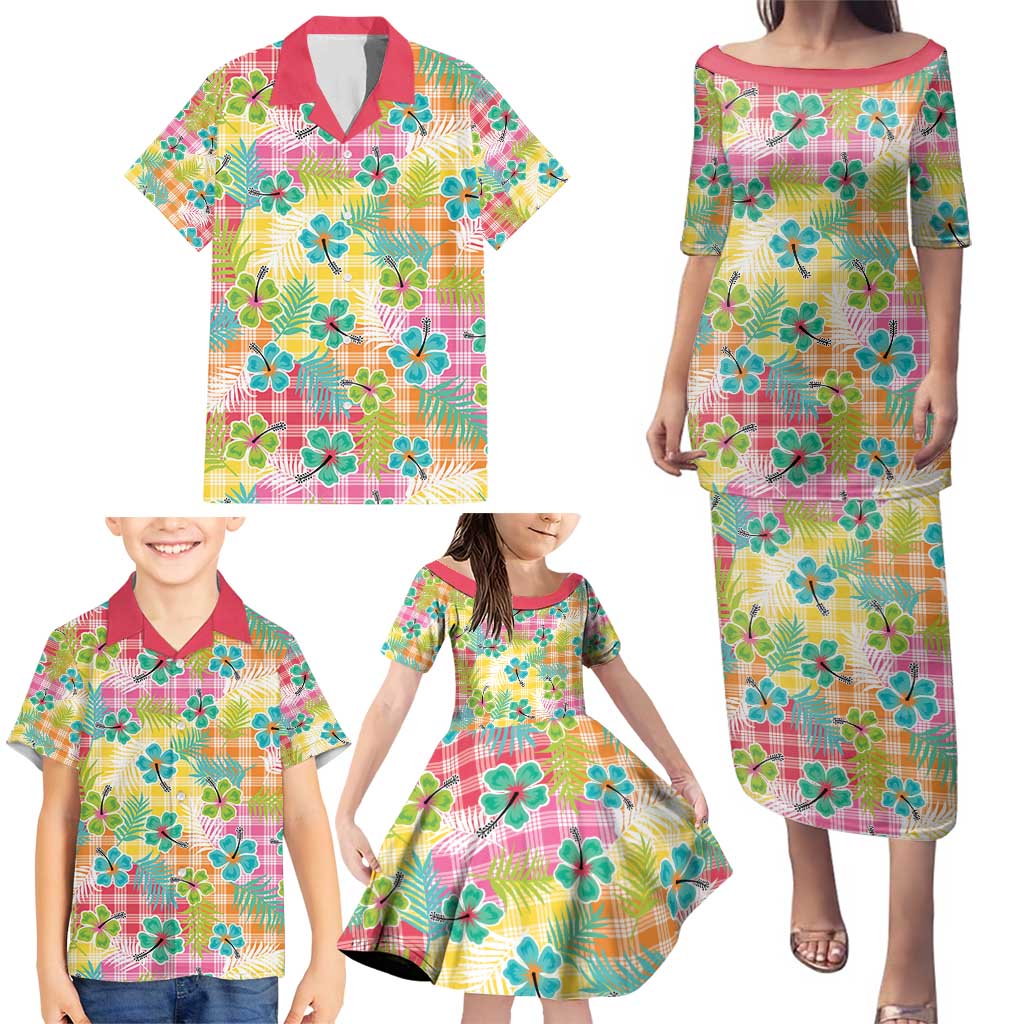 Hawaiian Palaka Family Matching Puletasi and Hawaiian Shirt Hibiscus Palm Leaf Pattern - Polynesian Pride