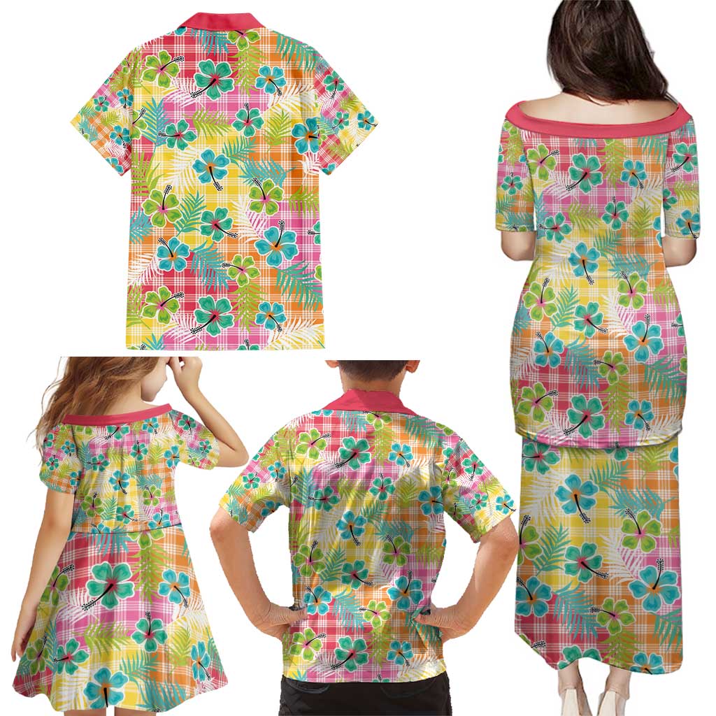 Hawaiian Palaka Family Matching Puletasi and Hawaiian Shirt Hibiscus Palm Leaf Pattern - Polynesian Pride