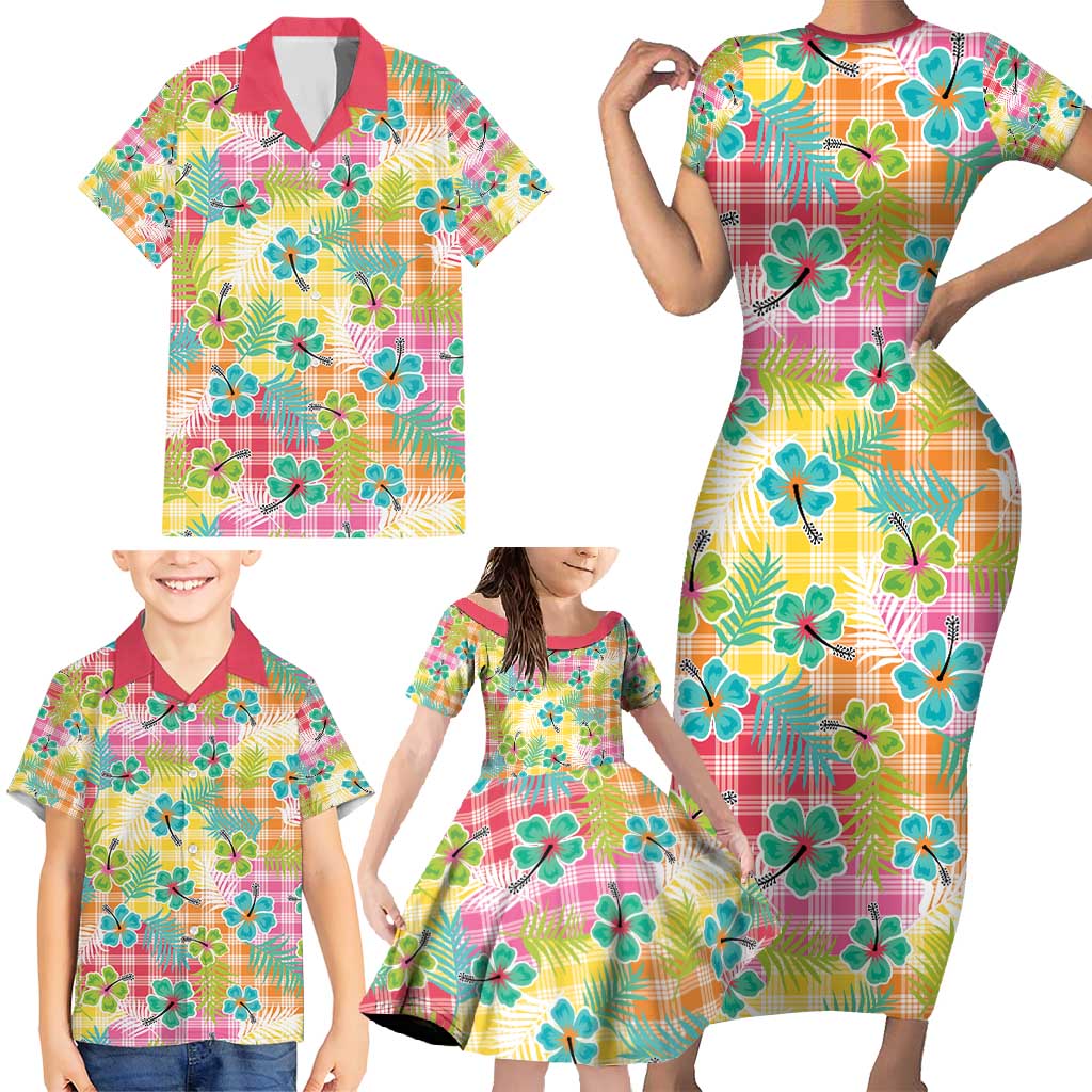 Hawaiian Palaka Family Matching Short Sleeve Bodycon Dress and Hawaiian Shirt Hibiscus Palm Leaf Pattern - Polynesian Pride