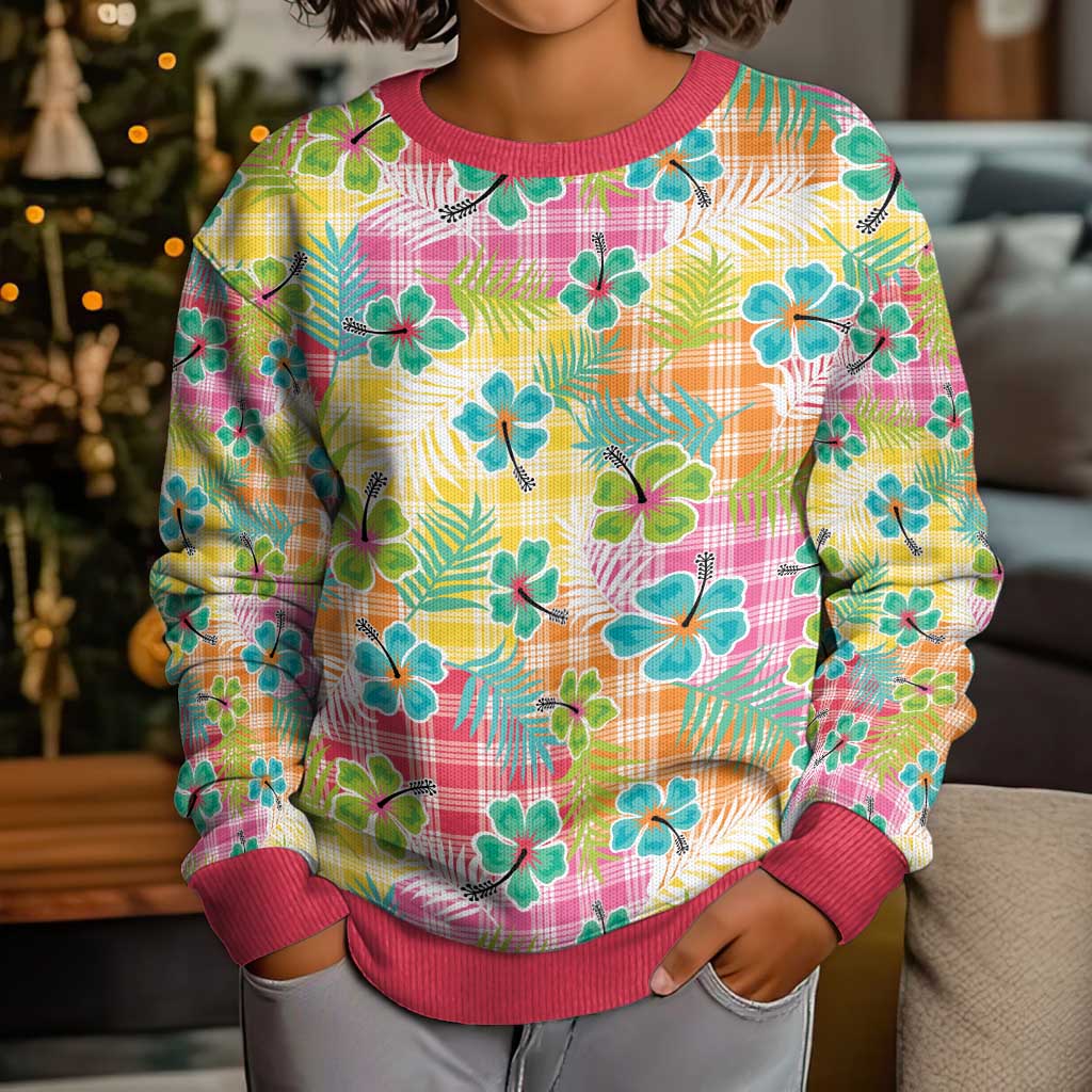 Hawaiian Palaka Kid Ugly Christmas Sweater Hibiscus Palm Leaf Pattern - Polynesian Pride