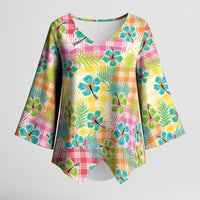 Hawaiian Palaka Kimono Sleeve Blouse Hibiscus Palm Leaf Pattern - Polynesian Pride