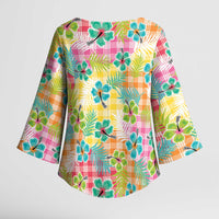 Hawaiian Palaka Kimono Sleeve Blouse Hibiscus Palm Leaf Pattern - Polynesian Pride