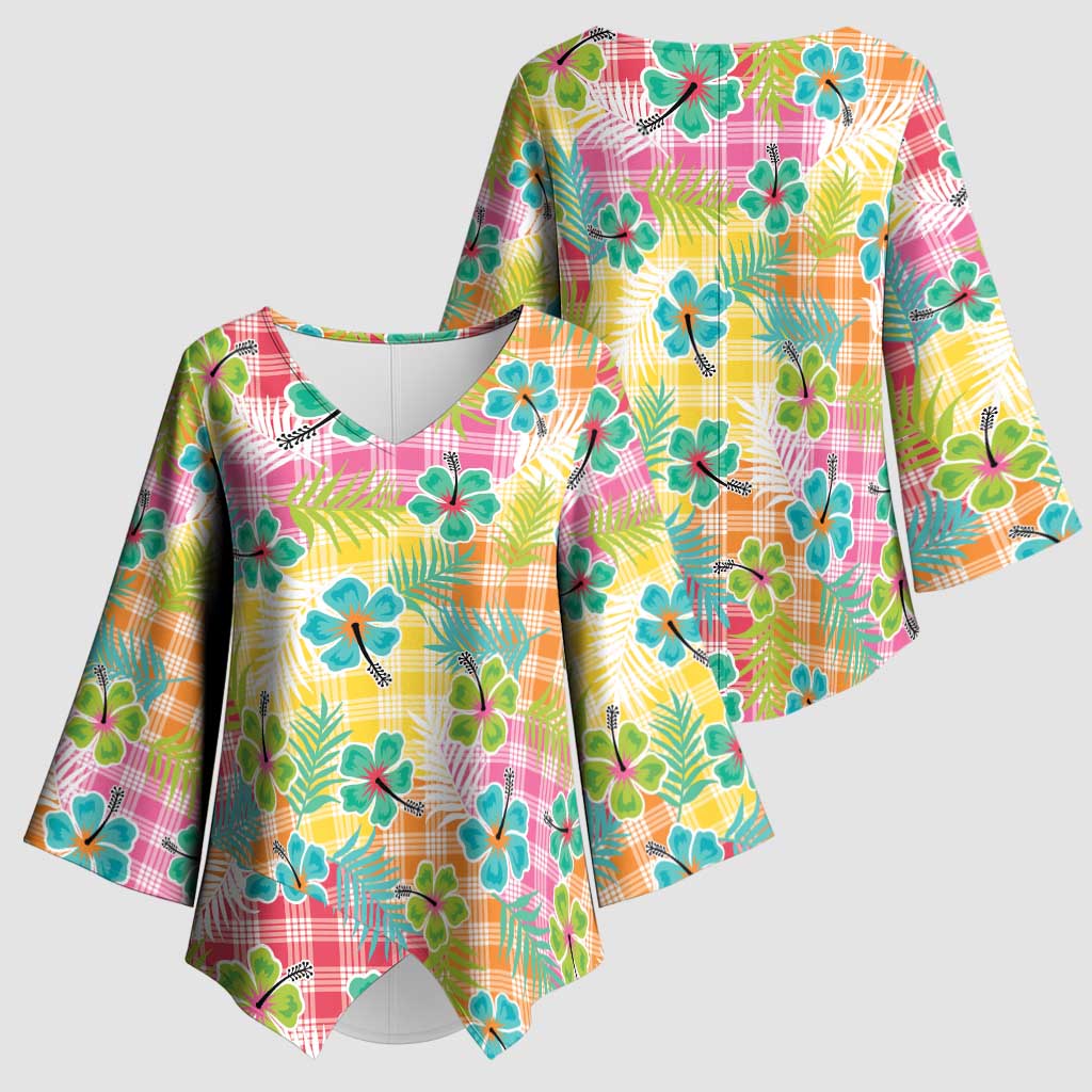 Hawaiian Palaka Kimono Sleeve Blouse Hibiscus Palm Leaf Pattern - Polynesian Pride