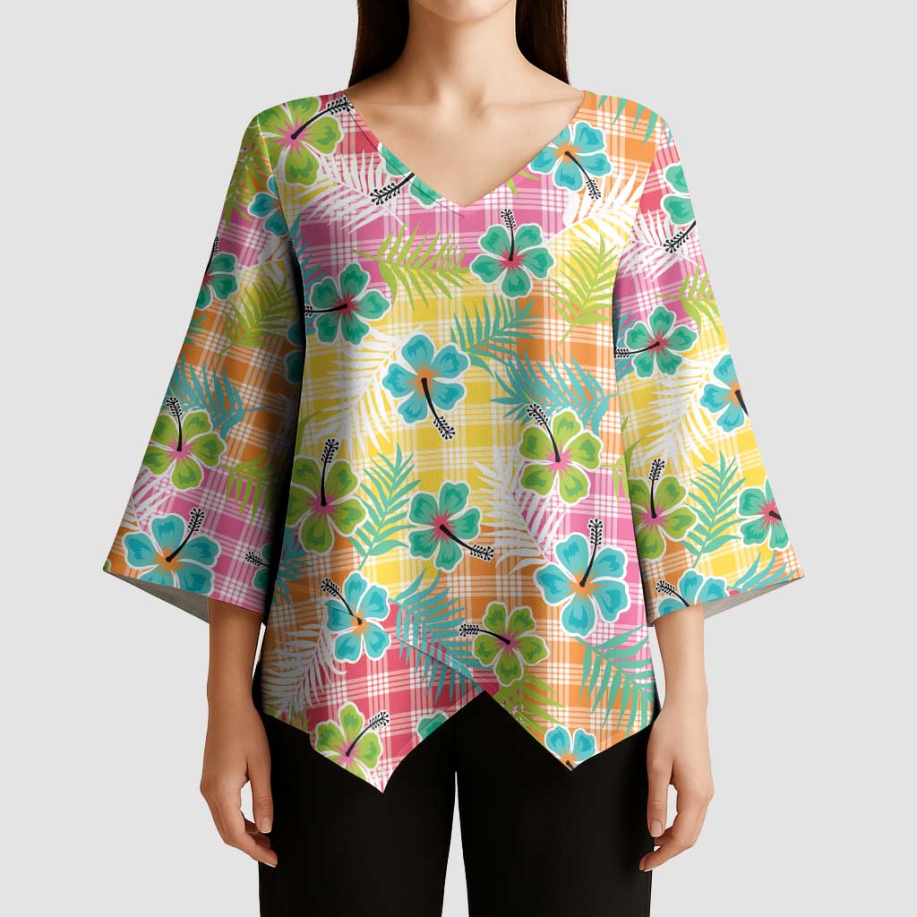 Hawaiian Palaka Kimono Sleeve Blouse Hibiscus Palm Leaf Pattern - Polynesian Pride