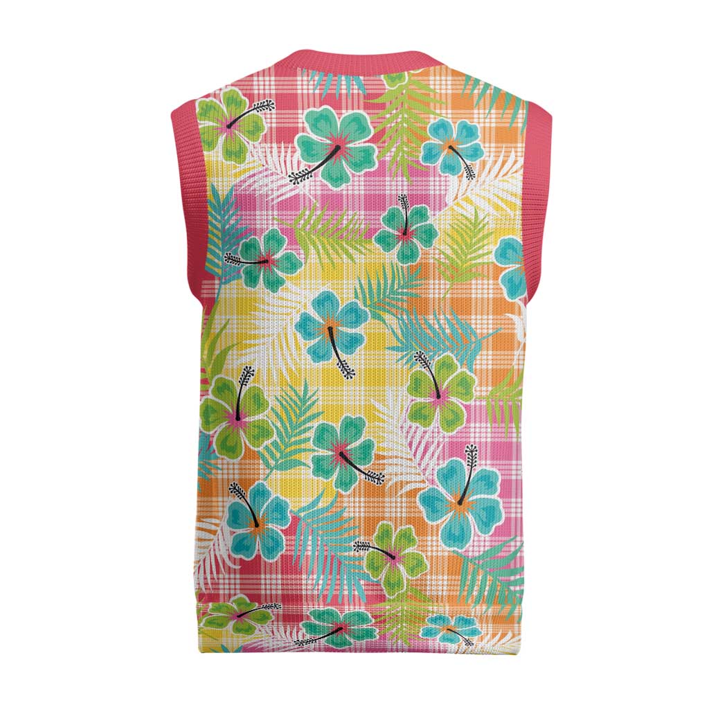 Hawaiian Palaka Christmas Knitted V-Neck Vest Hibiscus Palm Leaf Pattern - Polynesian Pride