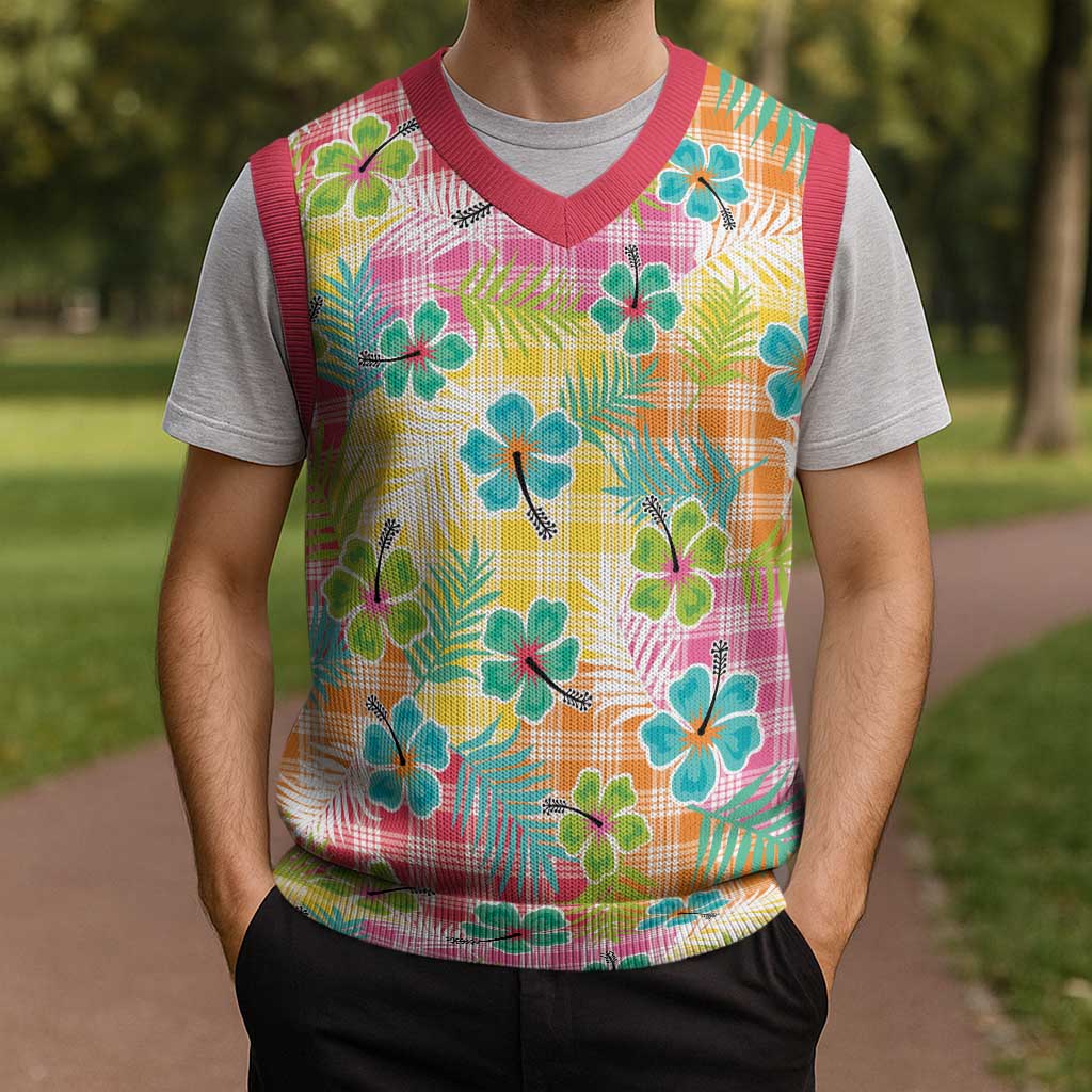 Hawaiian Palaka Christmas Knitted V-Neck Vest Hibiscus Palm Leaf Pattern - Polynesian Pride