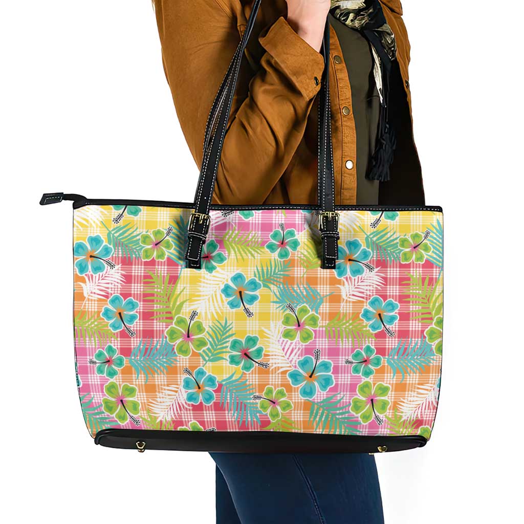 Hawaiian Palaka Leather Tote Bag Hibiscus Palm Leaf Pattern - Polynesian Pride