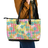 Hawaiian Palaka Leather Tote Bag Hibiscus Palm Leaf Pattern - Polynesian Pride