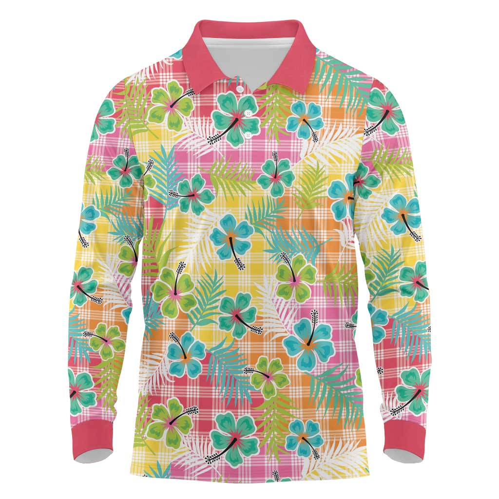 Hawaiian Palaka Long Sleeve Polo Shirt Hibiscus Palm Leaf Pattern - Polynesian Pride