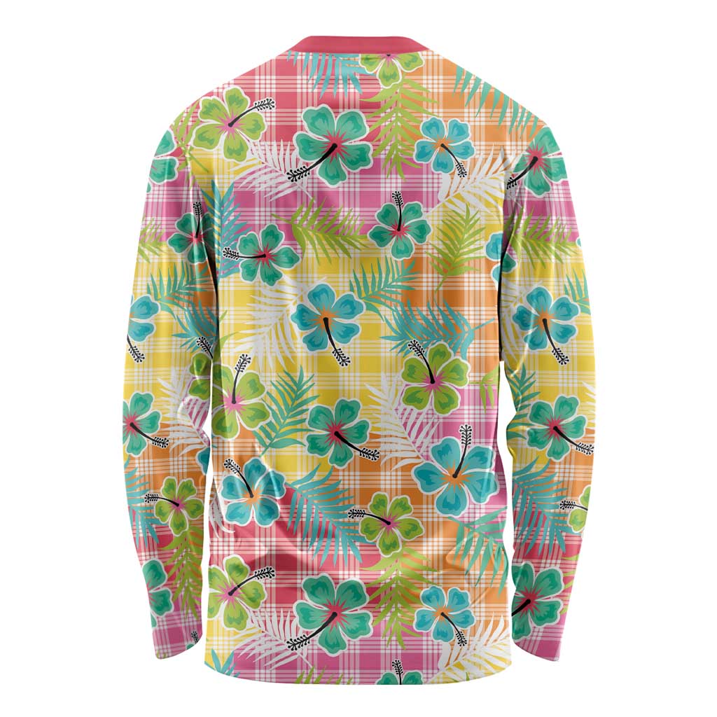 Hawaiian Palaka Long Sleeve Shirt Hibiscus Palm Leaf Pattern - Polynesian Pride
