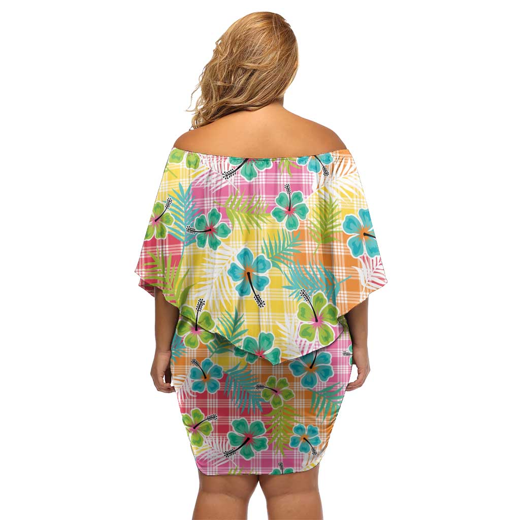 Hawaiian Palaka Off Shoulder Short Dress Hibiscus Palm Leaf Pattern - Polynesian Pride