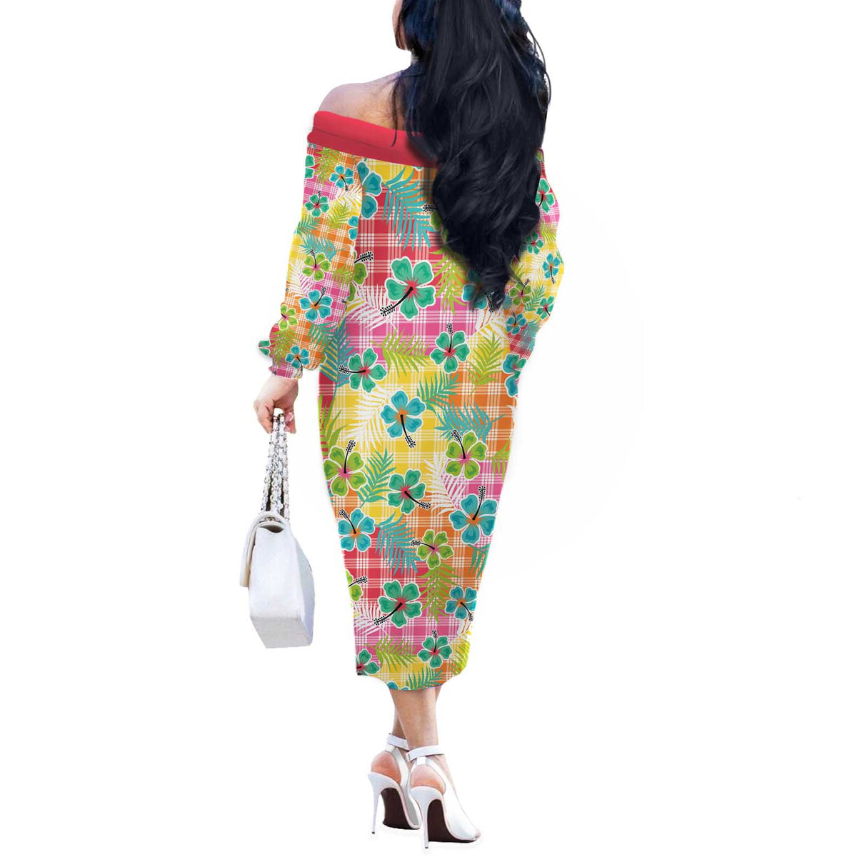 Hawaiian Palaka Off The Shoulder Long Sleeve Dress Hibiscus Palm Leaf Pattern - Polynesian Pride