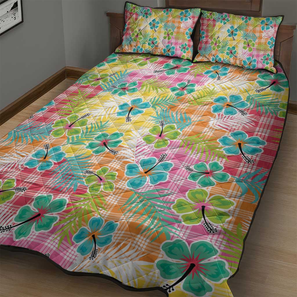 Hawaiian Palaka Quilt Bed Set Hibiscus Palm Leaf Pattern - Polynesian Pride