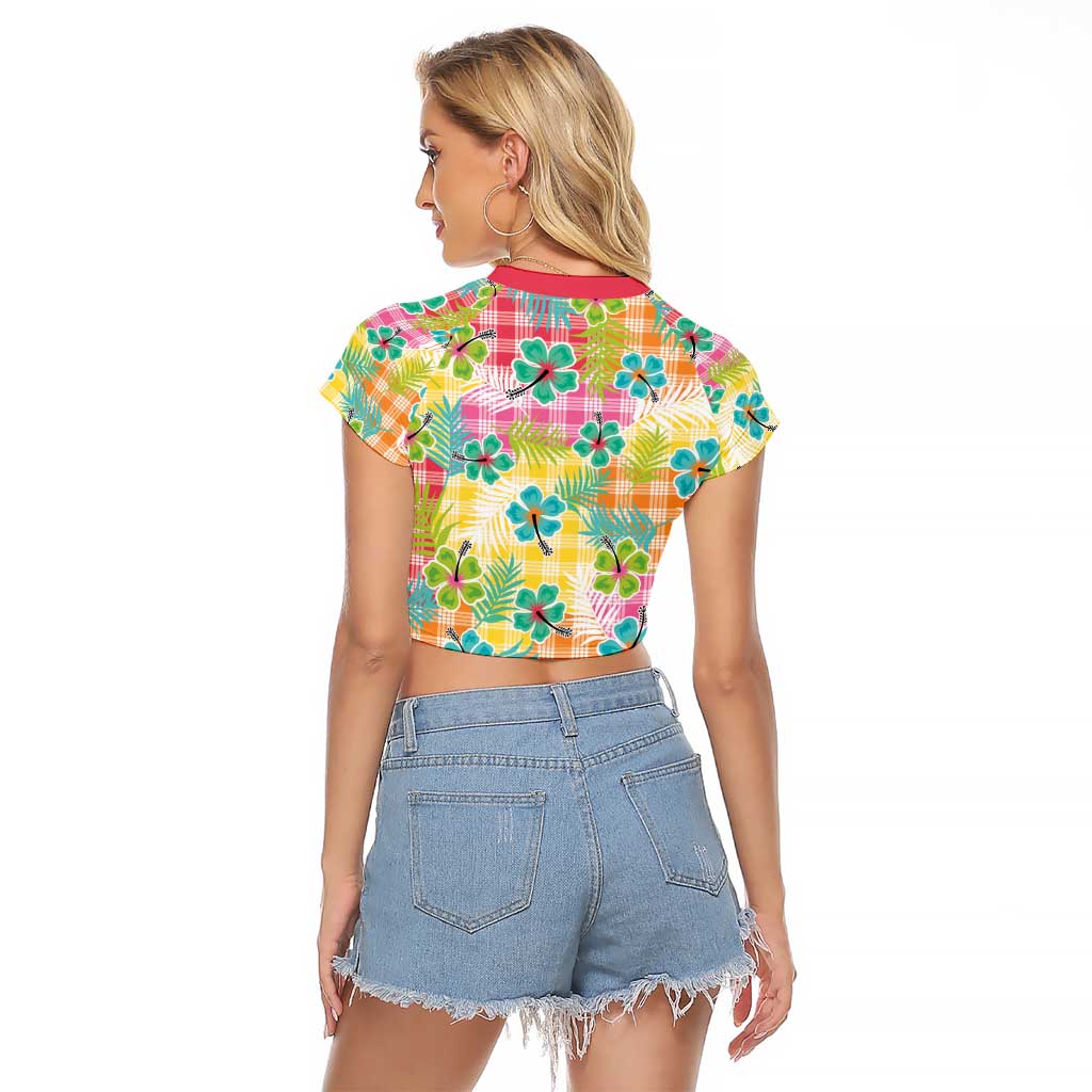 Hawaiian Palaka Raglan Cropped T Shirt Hibiscus Palm Leaf Pattern - Polynesian Pride