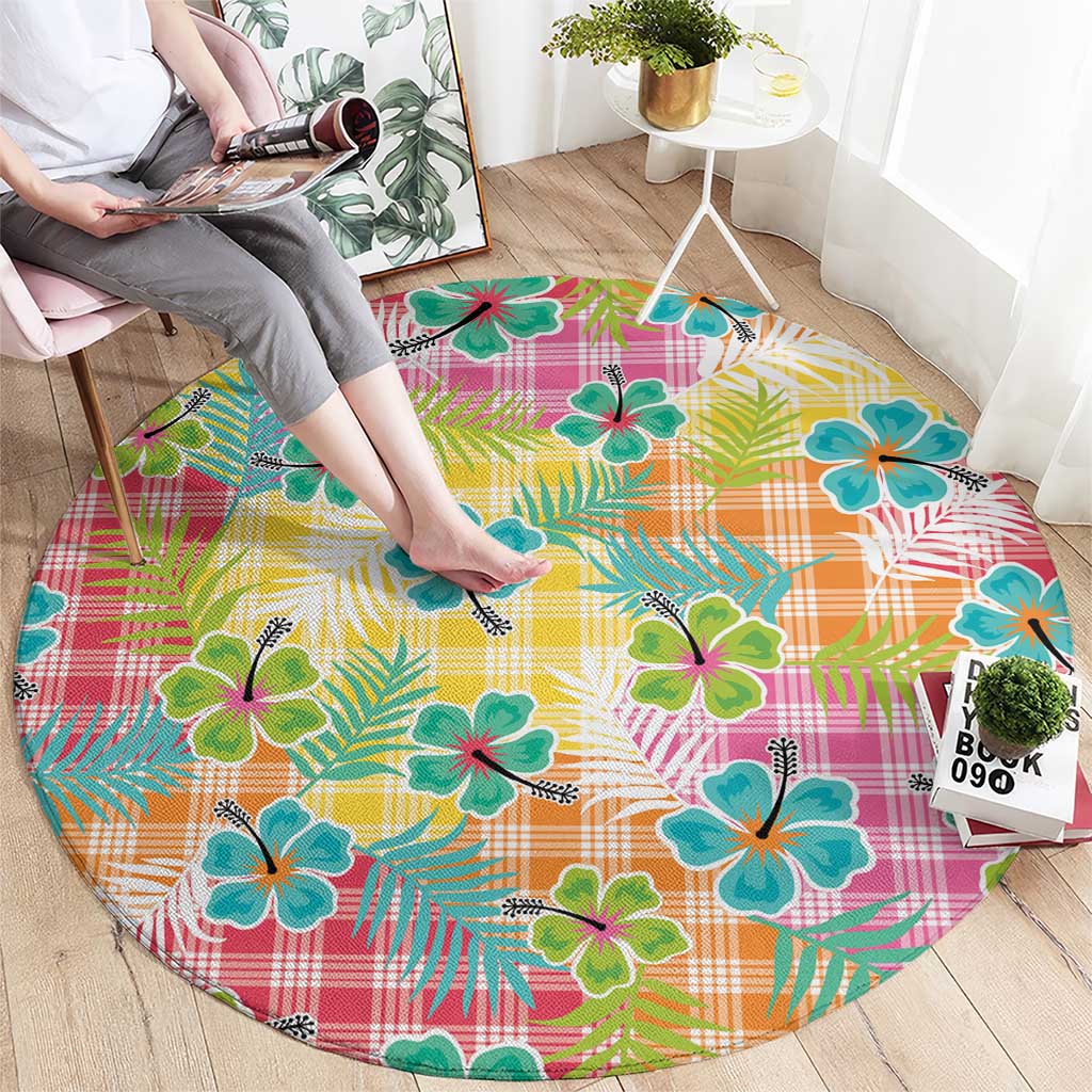 Hawaiian Palaka Round Carpet Hibiscus Palm Leaf Pattern - Polynesian Pride