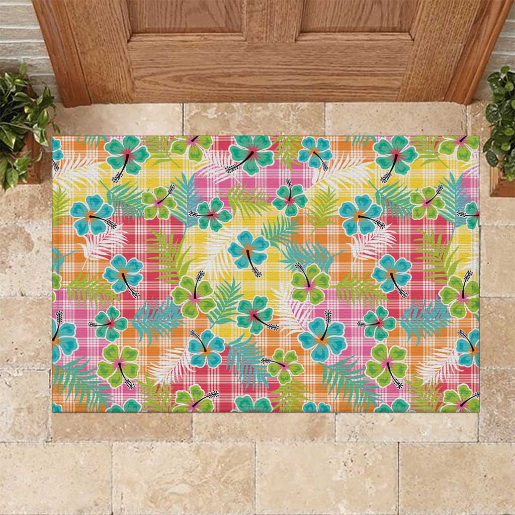 Hawaiian Palaka Rubber Doormat Hibiscus Palm Leaf Pattern - Polynesian Pride