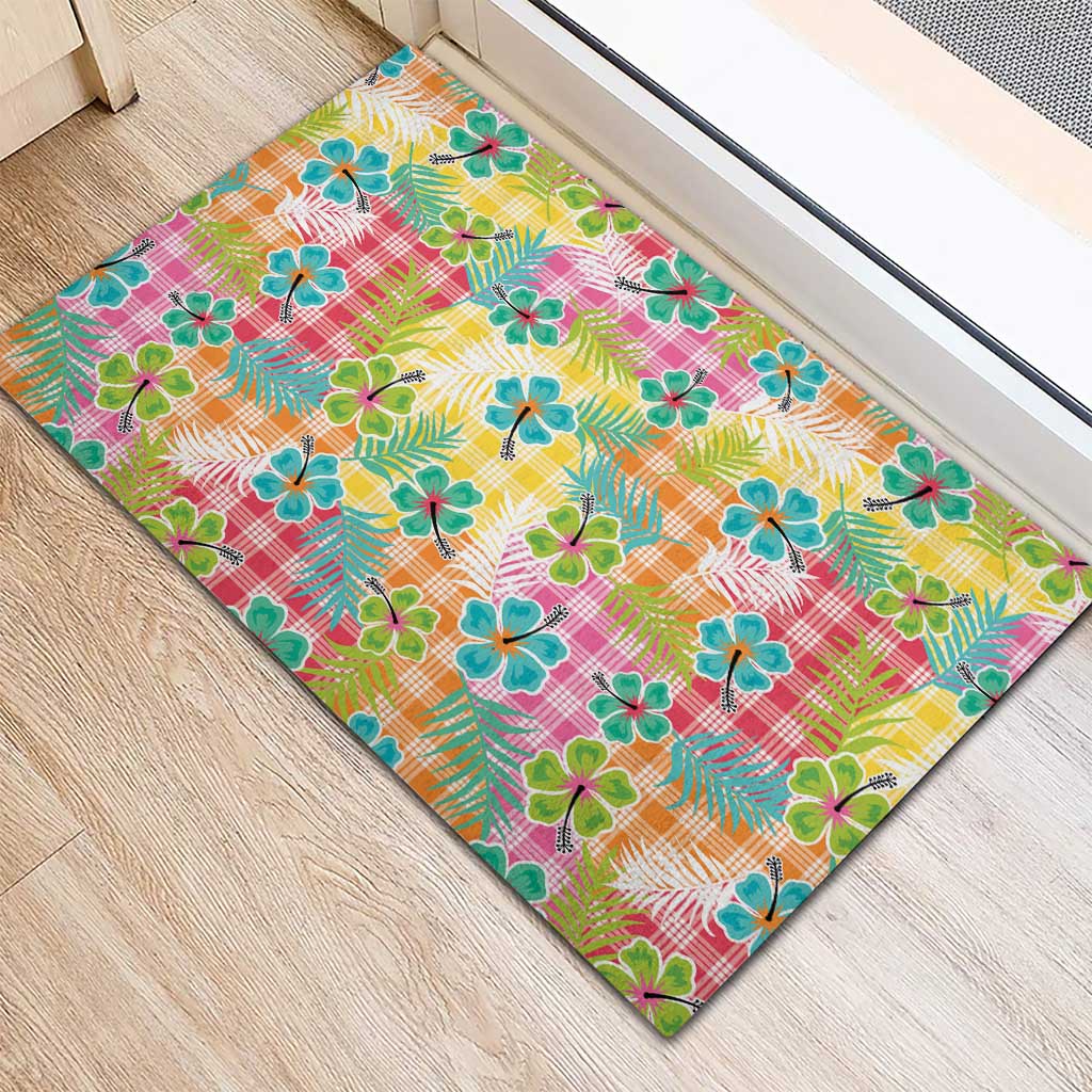 Hawaiian Palaka Rubber Doormat Hibiscus Palm Leaf Pattern - Polynesian Pride