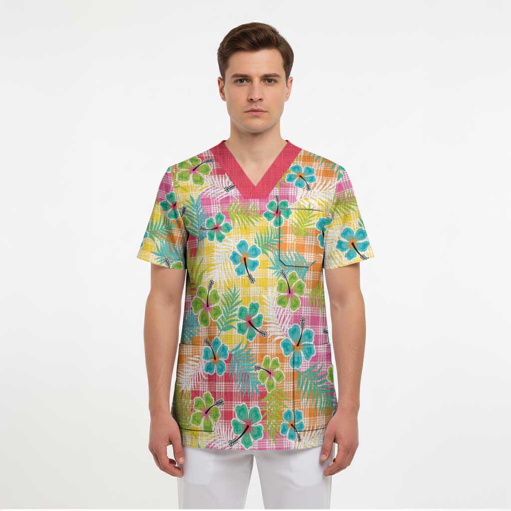 Hawaiian Palaka Scrub Top Hibiscus Palm Leaf Pattern - Polynesian Pride