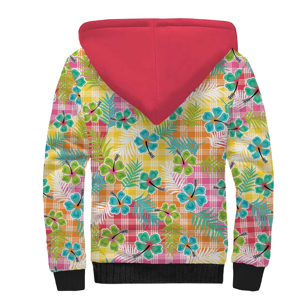 Hawaiian Palaka Sherpa Hoodie Hibiscus Palm Leaf Pattern - Polynesian Pride