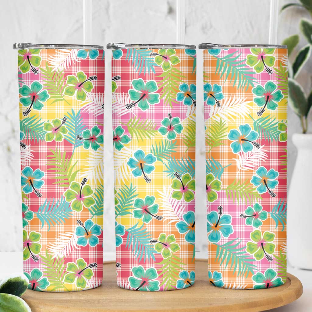 Hawaiian Palaka Skinny Tumbler Hibiscus Palm Leaf Pattern - Polynesian Pride