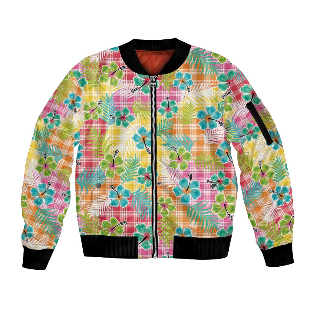 Hawaiian Palaka Sleeve Zip Bomber Jacket Hibiscus Palm Leaf Pattern - Polynesian Pride