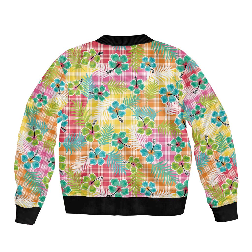 Hawaiian Palaka Sleeve Zip Bomber Jacket Hibiscus Palm Leaf Pattern - Polynesian Pride