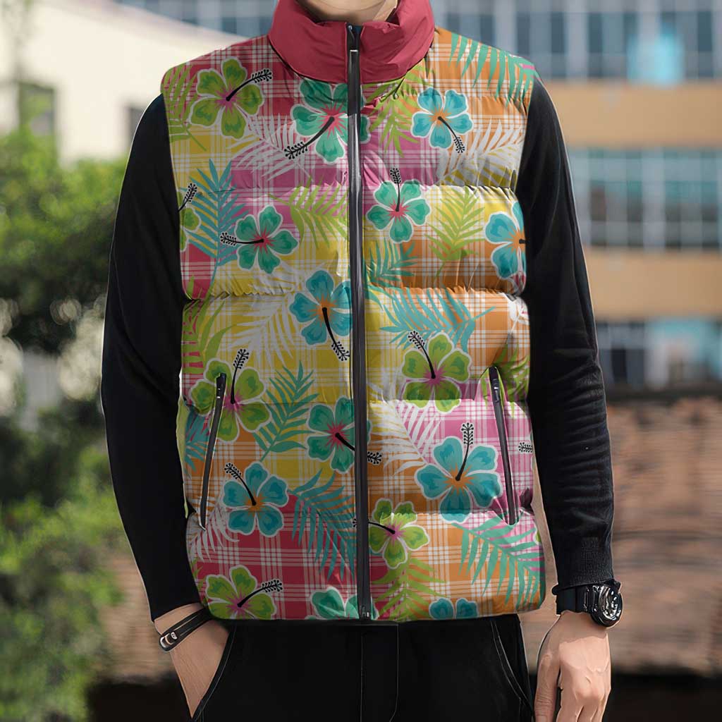 Hawaiian Palaka Sleeveless Puffer Jacket Hibiscus Palm Leaf Pattern - Polynesian Pride