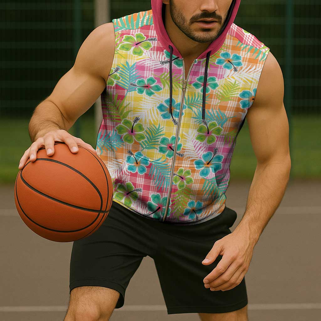 Hawaiian Palaka Sleeveless Zip Hoodie Hibiscus Palm Leaf Pattern - Polynesian Pride